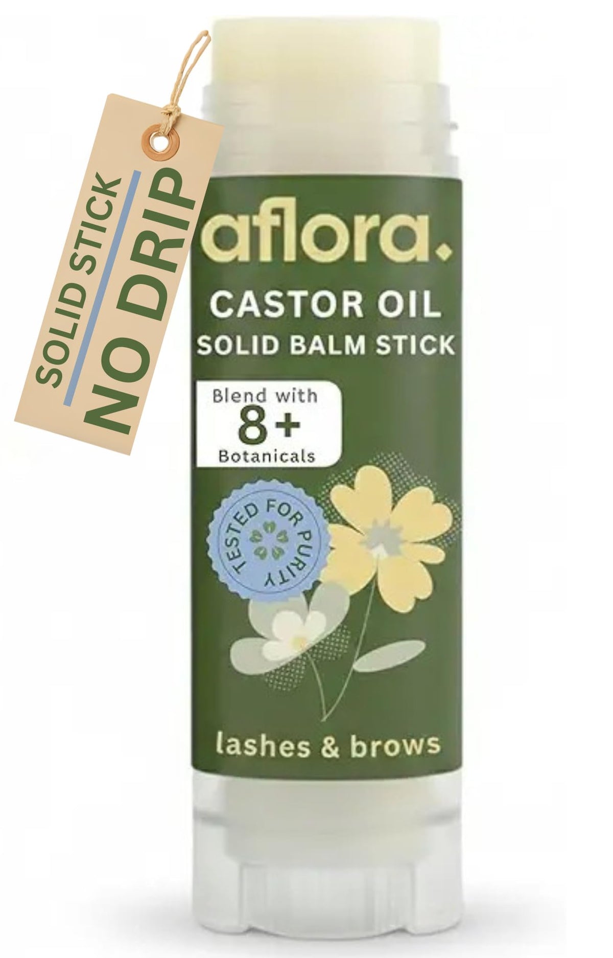 Aflora front packaging of solid serum stick showing compact travel-ready design and convenience