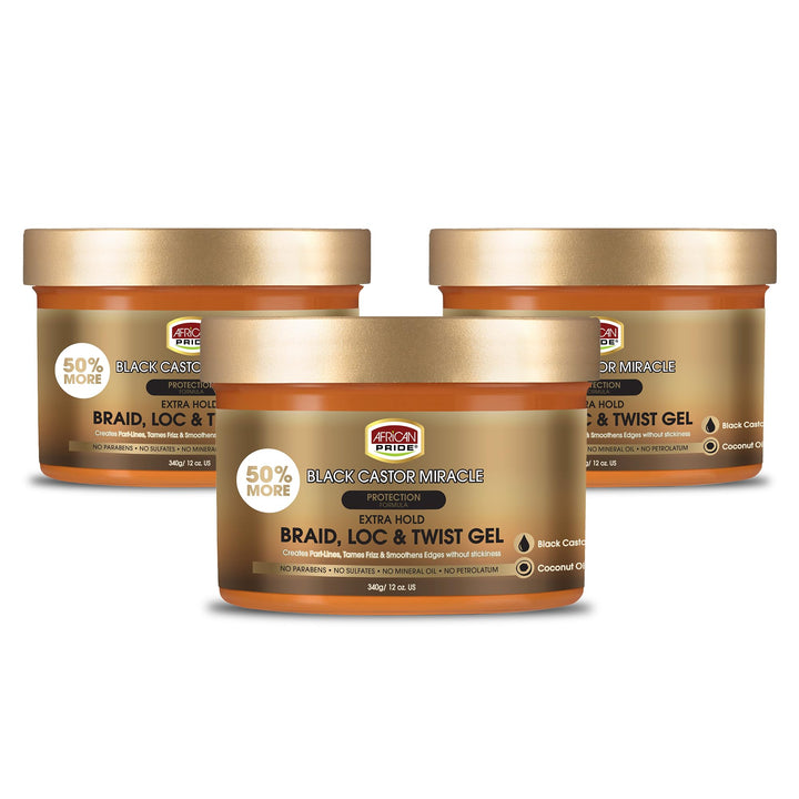African Pride front packaging shows three 12oz jars and clear product benefits