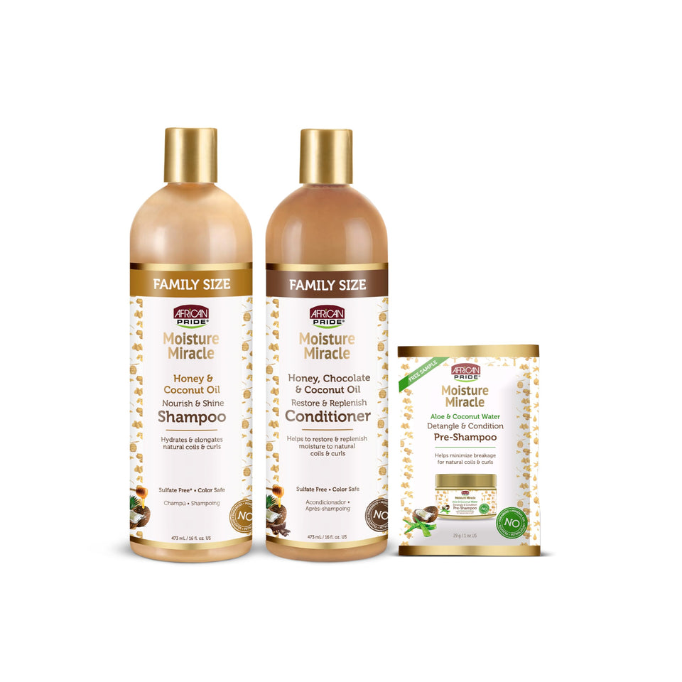 African Pride front packaging showing bottle and 16 oz size benefit of clear labeling