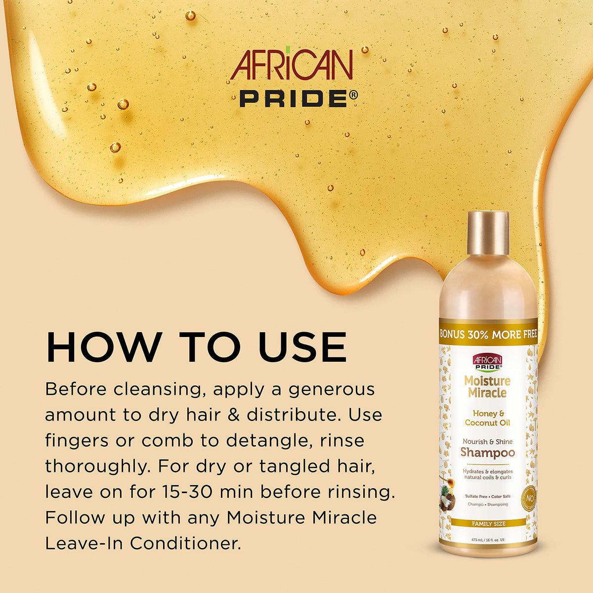 African Pride pump and label detail highlighting product benefits and easy dispense