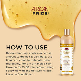 African Pride pump and label detail highlighting product benefits and easy dispense