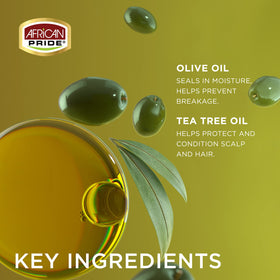 African Pride close-up of olive oil droplet highlighting moisturizing benefit