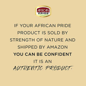 African Pride bottle on shower shelf indicating step-one use in a curl-care routine