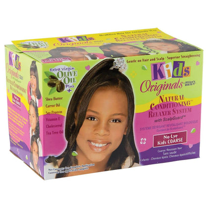 Africa's Best kids relaxer front packaging showing kit benefits and use