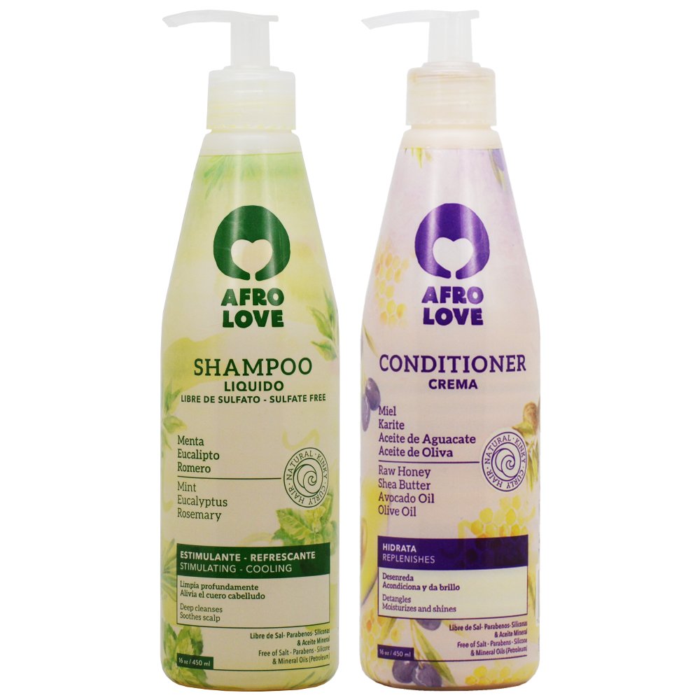 Afro Love front packaging showing both 16oz bottles and hydrating benefits