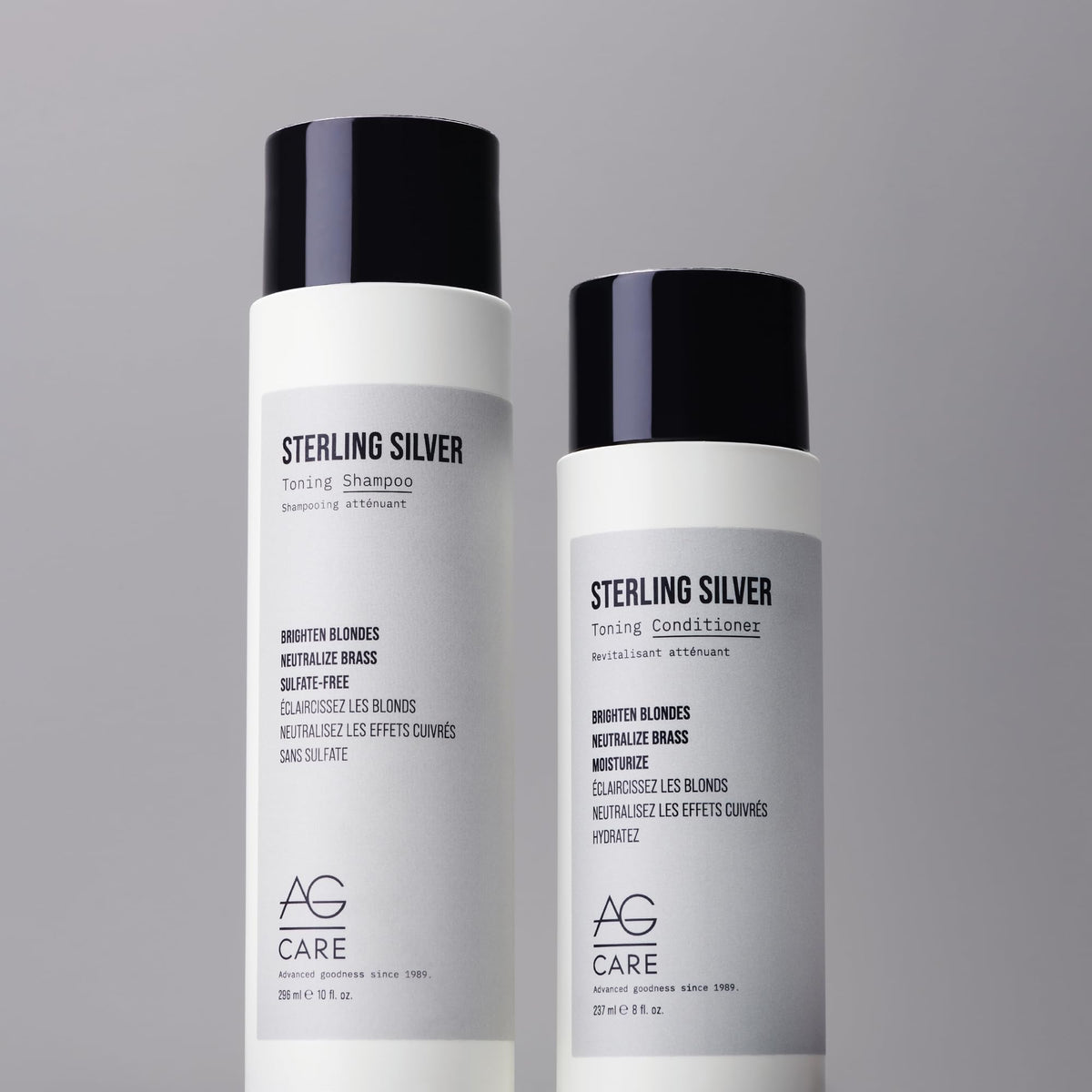 AG Care shampoo on bathroom shelf in lifestyle scene promoting salon results