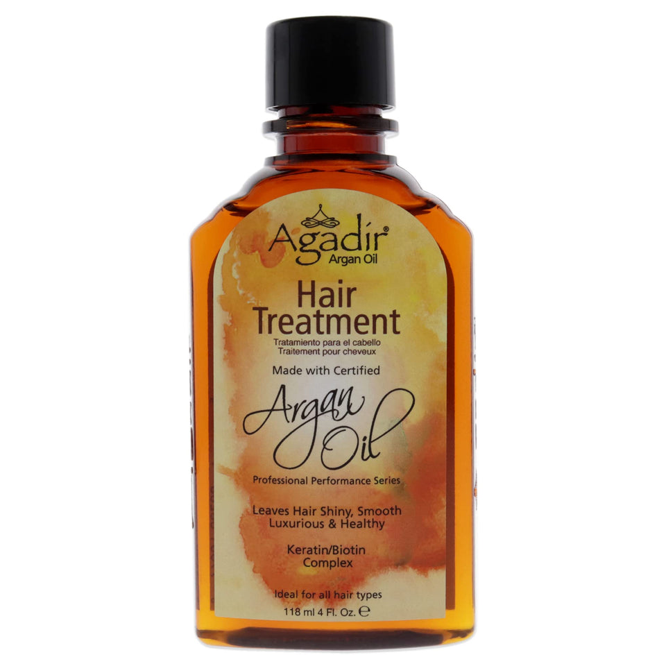 Agadir argan oil bottle front view showing compact salon-quality packaging and benefits