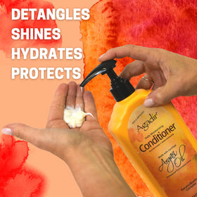 Agadir conditioner creamy texture close-up, demonstrates lightweight moisturizing benefit