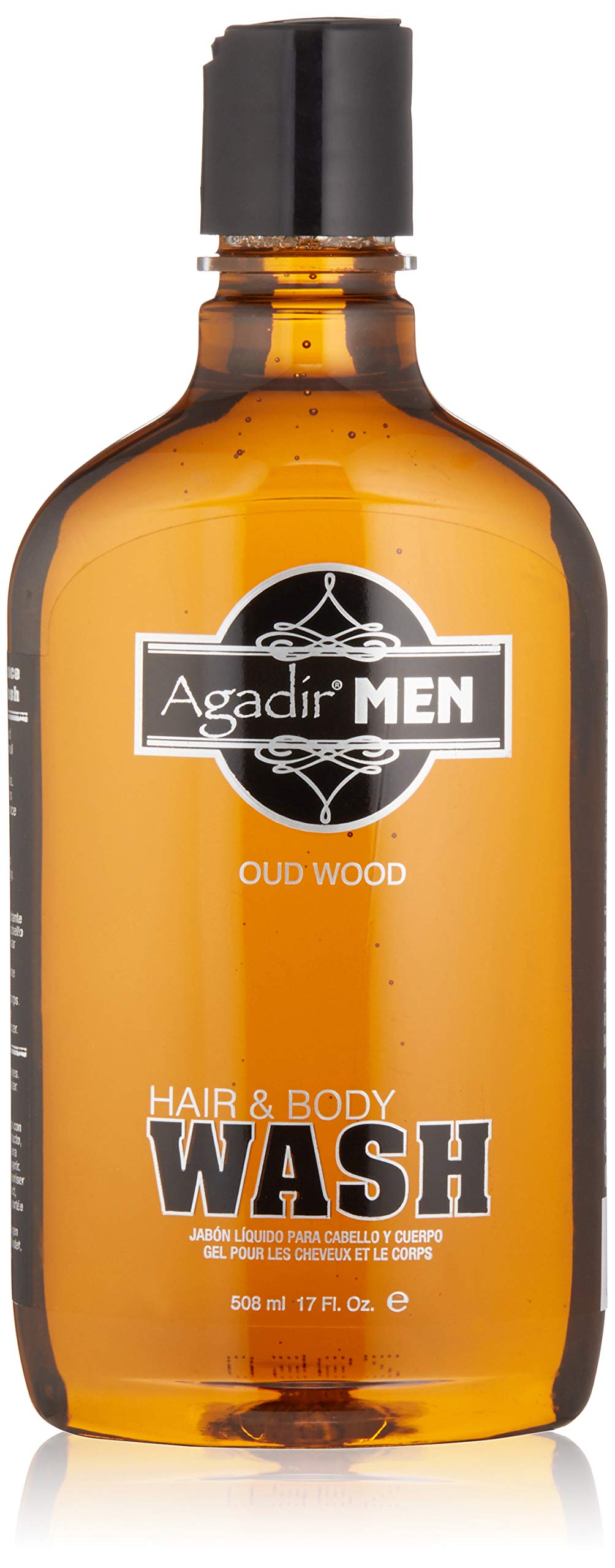Agadir front label showing oud wood scent and 17-ounce size for easy identification