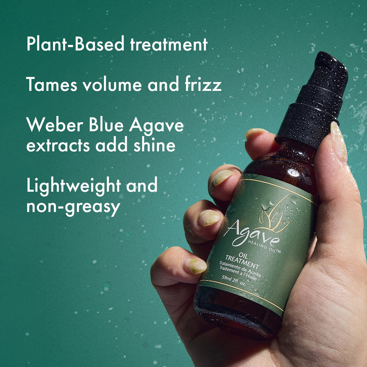 Agave Healing Oil applied to hair mid-lengths demonstrating frizz control benefit