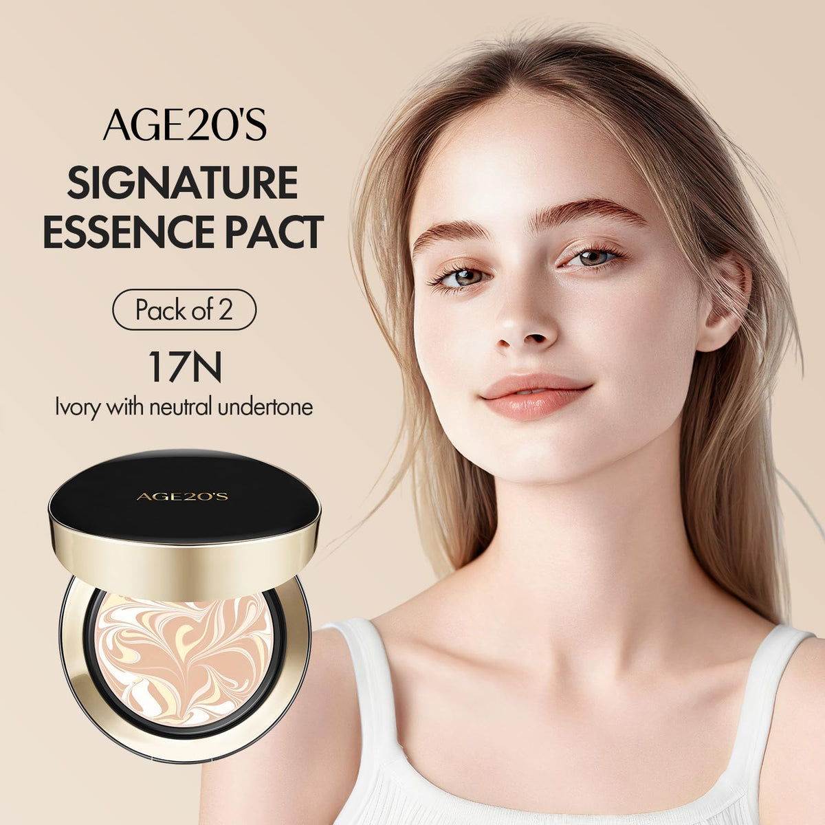 AGE20'S lifestyle image of woman applying compact outdoors for on-the-go radiance
