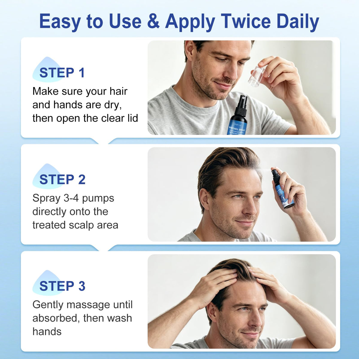 AGIKENB being sprayed onto scalp for targeted coverage and easy use