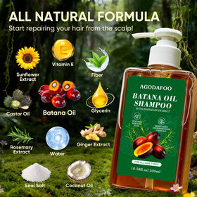 Agodafoo batana oil and rosemary ingredient display emphasizing nourishment