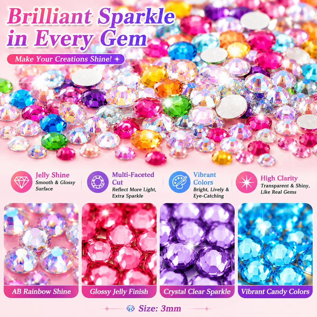 Agqbsl close-up of 3mm jelly resin rhinestones showing glossy texture and color pop