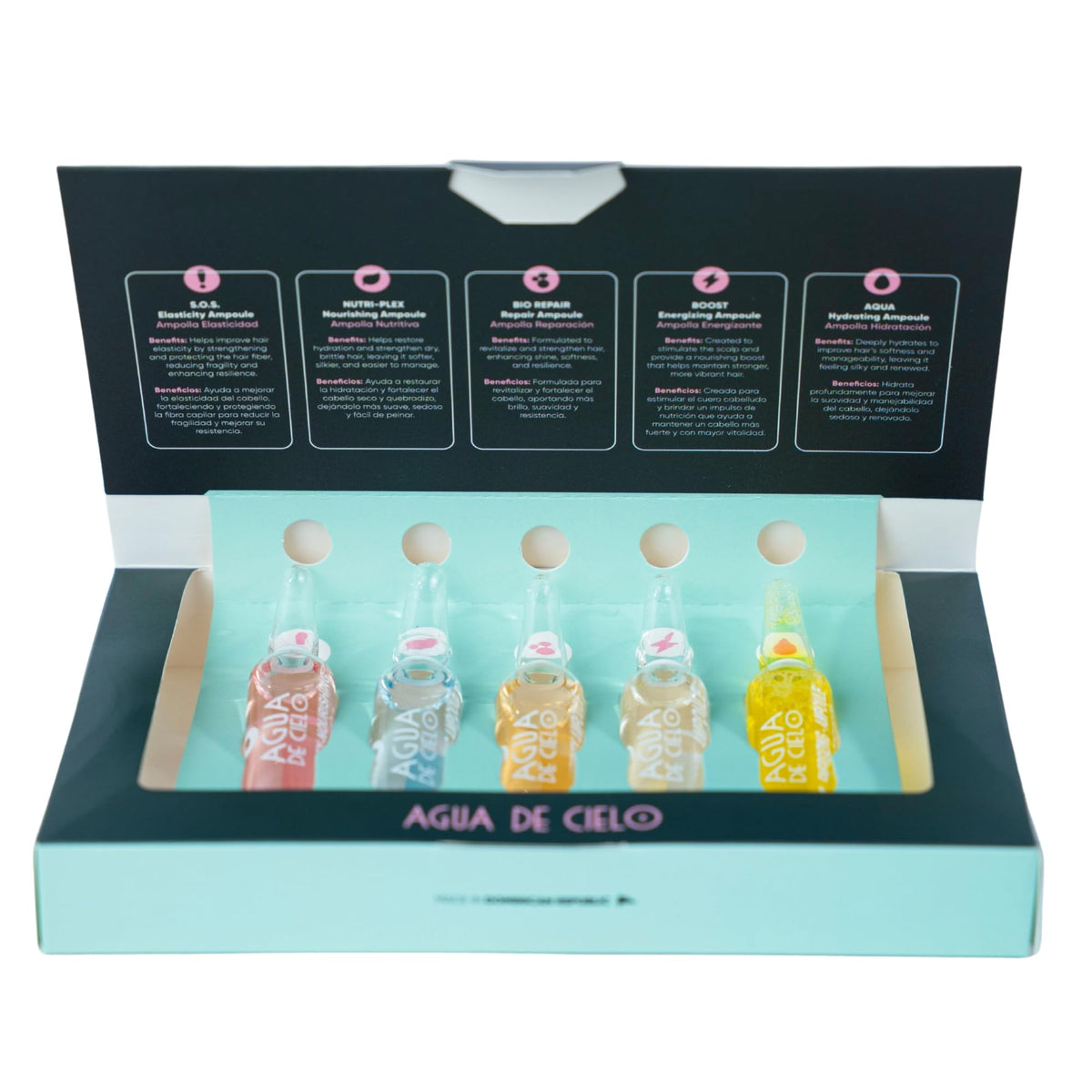 Agua de Cielo front packaging showing five 10ml ampoules, convenient professional treatment