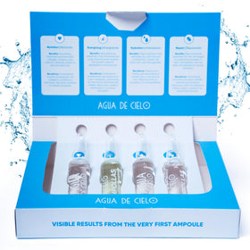 Agua de Cielo front packaging showing full ampoules and set benefits