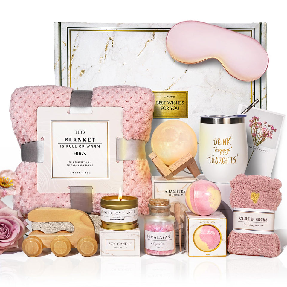 AHAGIFTREE pink gift box front view showing ready-to-give presentation and comforting items
