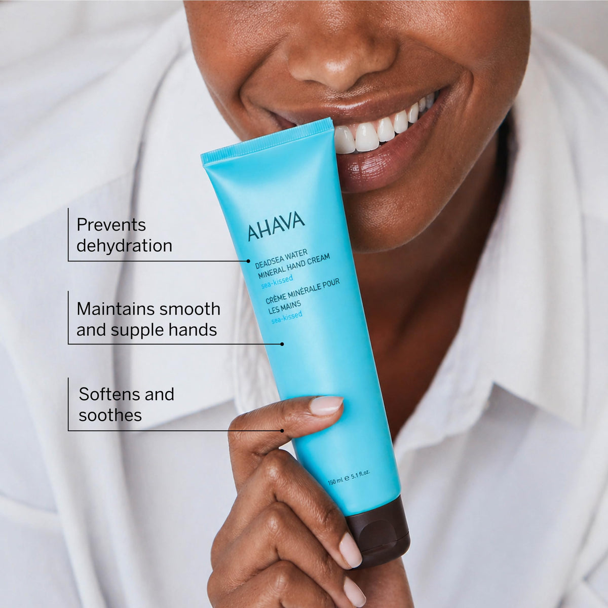 AHAVA hand application image demonstrating moisturized hands and cuticle care benefit