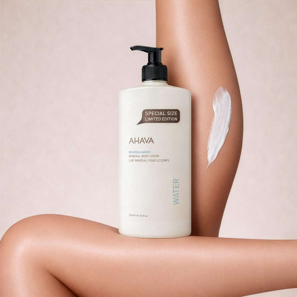 AHAVA bottle staged by shower for post-shower hydration