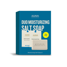 AHAVA front packaging showing two moisturizing salt soap bars and brand clarity
