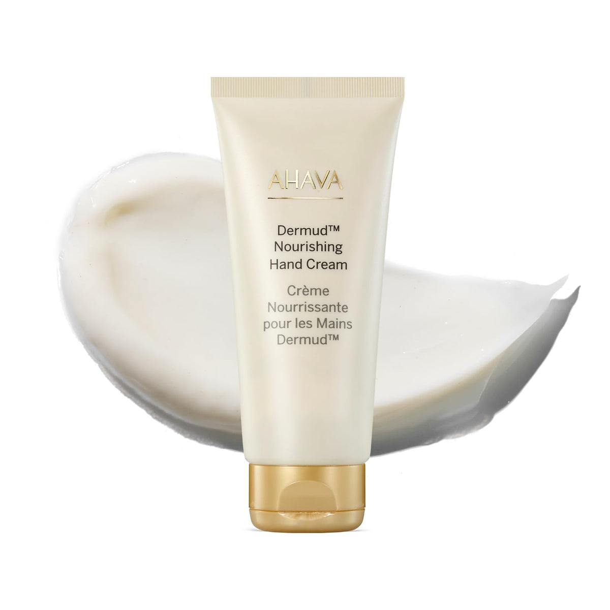 AHAVA Dermud hand cream front tube showing packaging and brand benefits