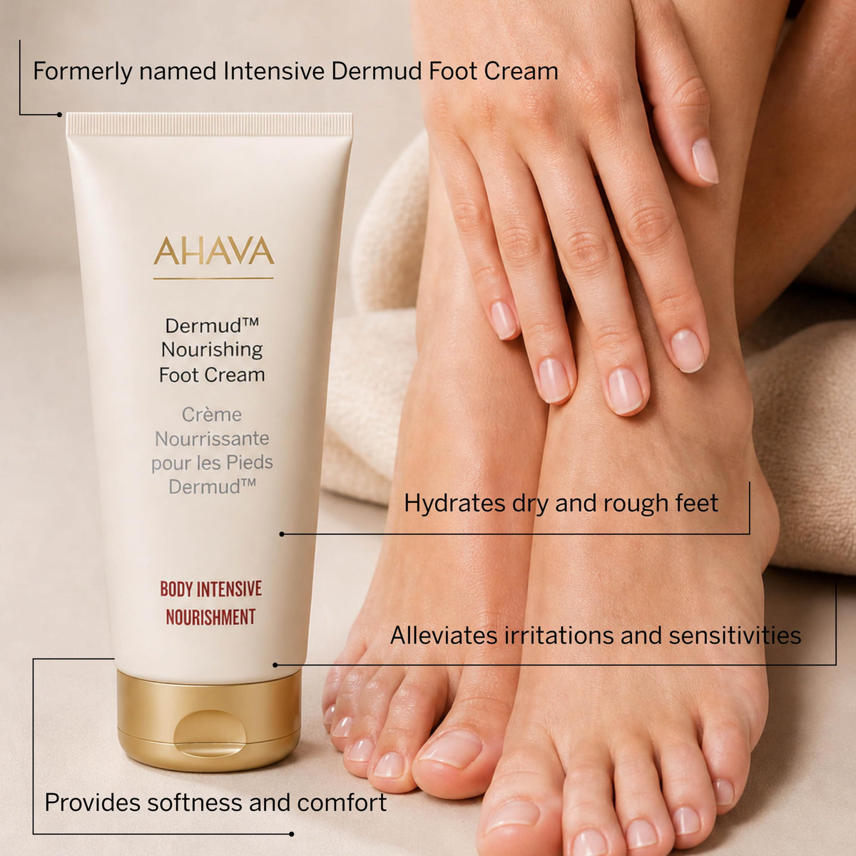 AHAVA Dermud applied to palm demonstrating easy application and fast absorption benefit
