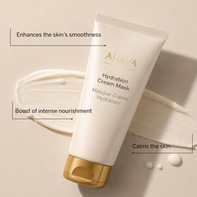 AHAVA cream mask scooped into hand, demonstrating easy application benefit