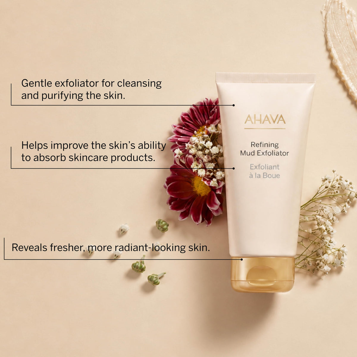 AHAVA jar label with Osmoter and Dead Sea Mud details for ingredient clarity