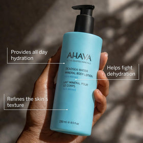 AHAVA lotion texture on skin showing lightweight hydration benefit