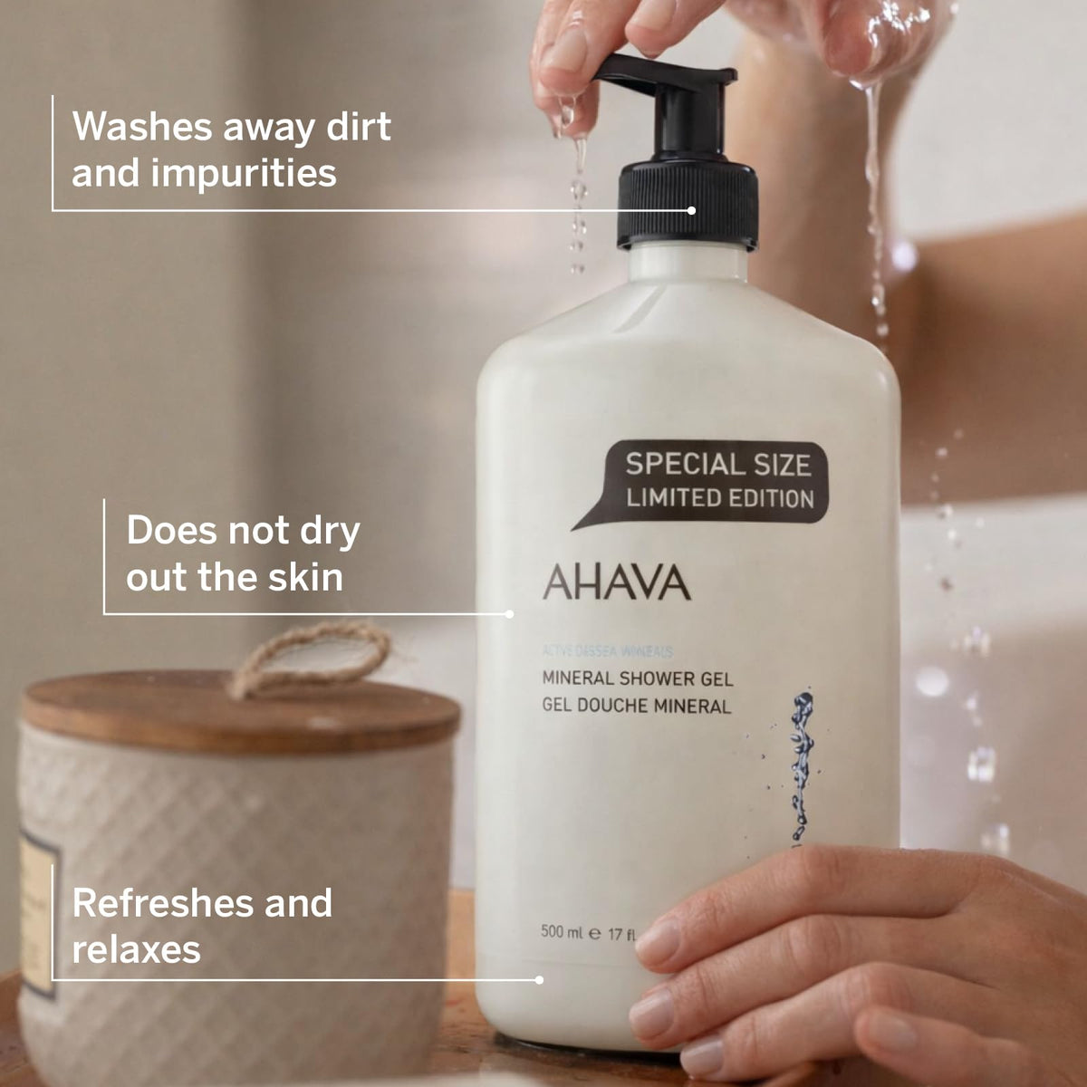 AHAVA lather on washcloth illustrating creamy foam and easy rinse benefit