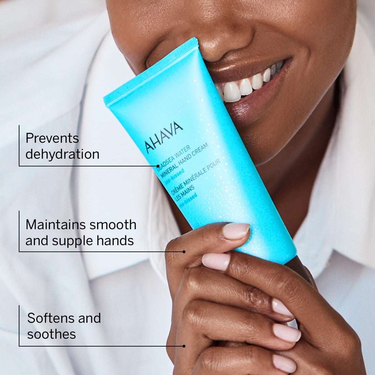 AHAVA cream texture close-up highlighting fast-absorbing smooth formula benefit