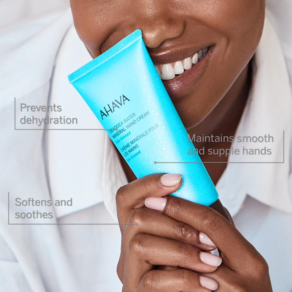 AHAVA lotion texture on skin illustrating lightweight hydration benefit