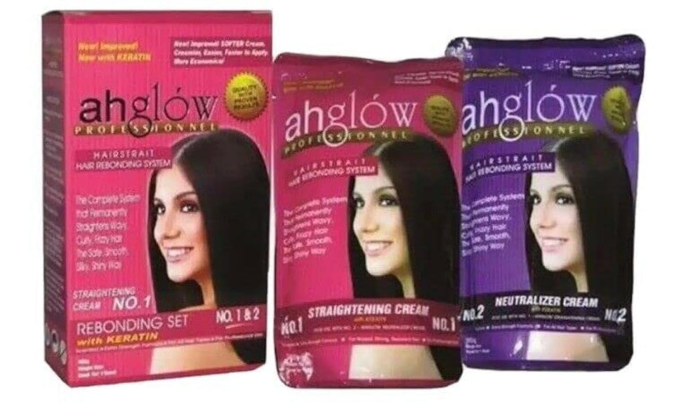 Ahglow front packaging pouch showing product name and keratin benefits