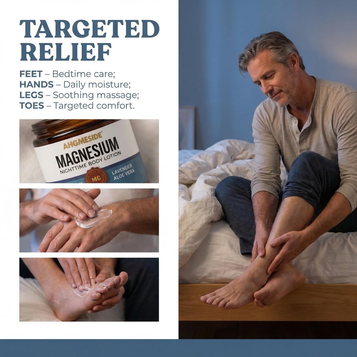 Applying Ahgmeside to foot to show hydration and soothing benefit