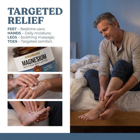 Applying Ahgmeside to foot to show hydration and soothing benefit