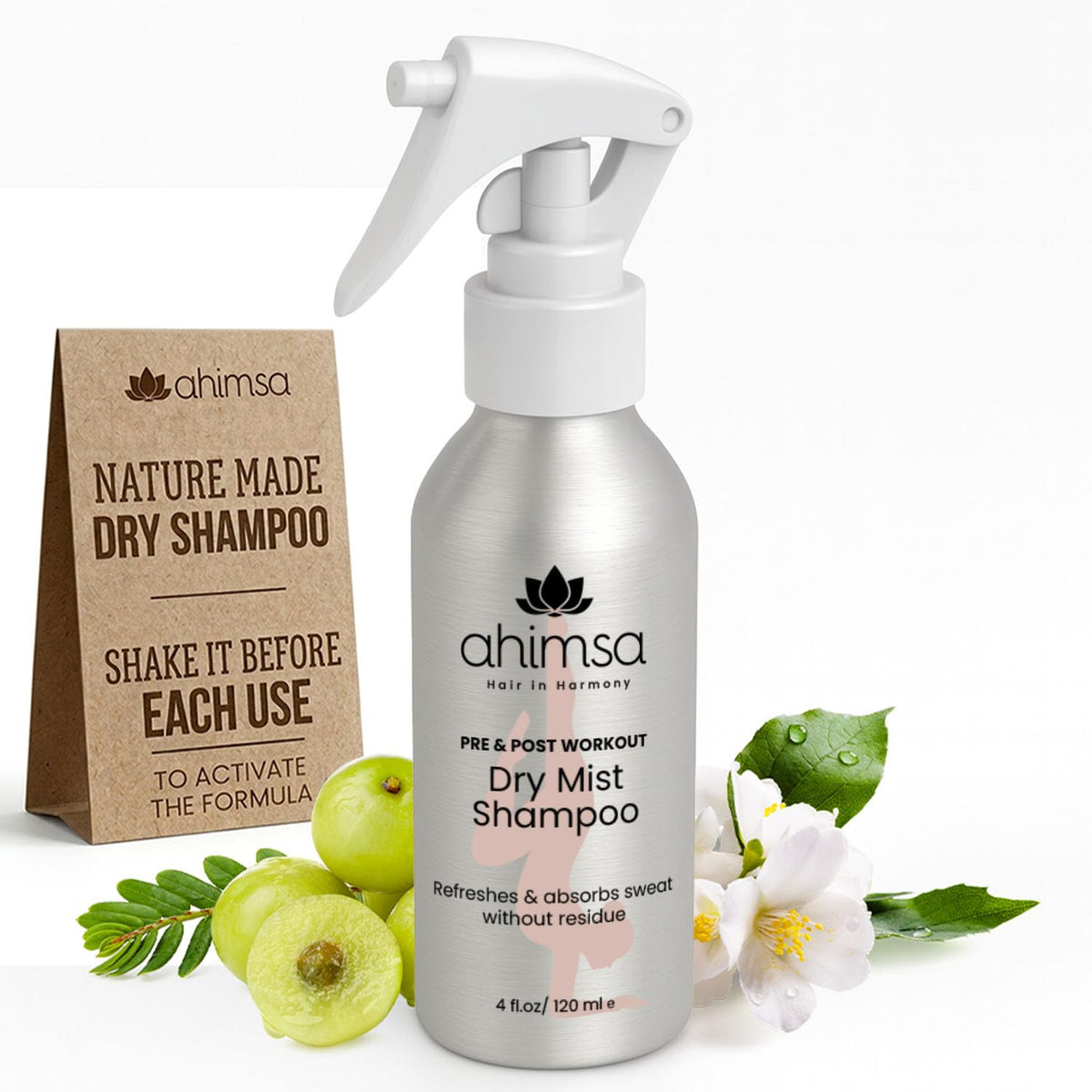 Ahimsa front packaging showing 4oz bottle and jasmine scent benefits