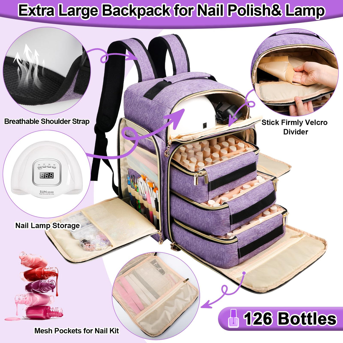 ahzske top compartment open with nail lamp demonstrating organized lamp storage