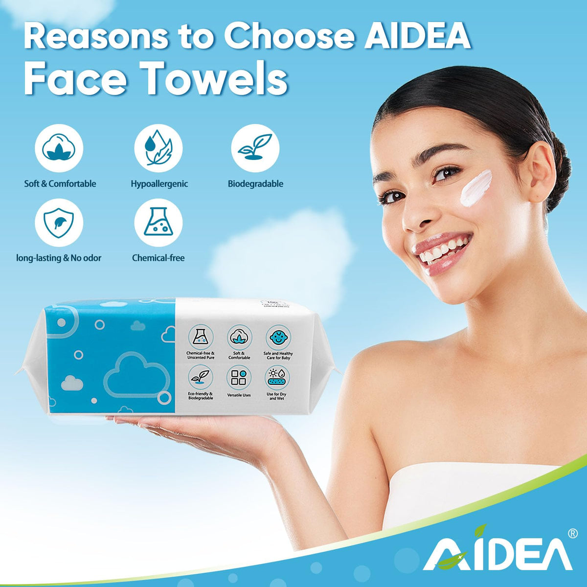 AIDEA damp towel removing makeup demonstrating gentle cleansing benefit