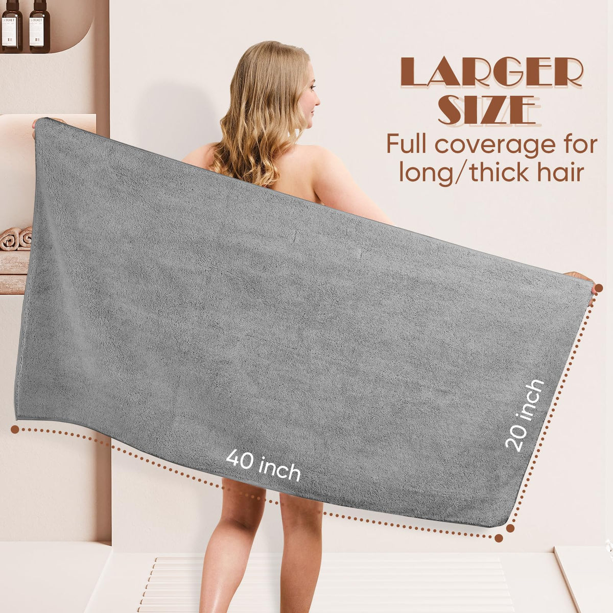 AIDEA towel wrapped on long hair showing hands-free drying benefit