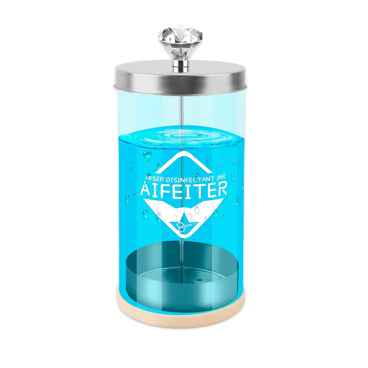 Aifeiter front view jar showing clear glass and stainless tray, organized tools ready