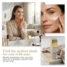 Aikertec lifestyle mature skin model showing radiant, natural-looking coverage benefit