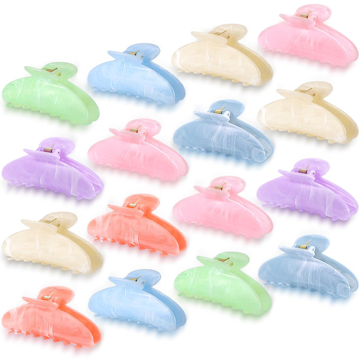 Ailefentene front view of 16 pastel claw clips showing full color range and storage convenience