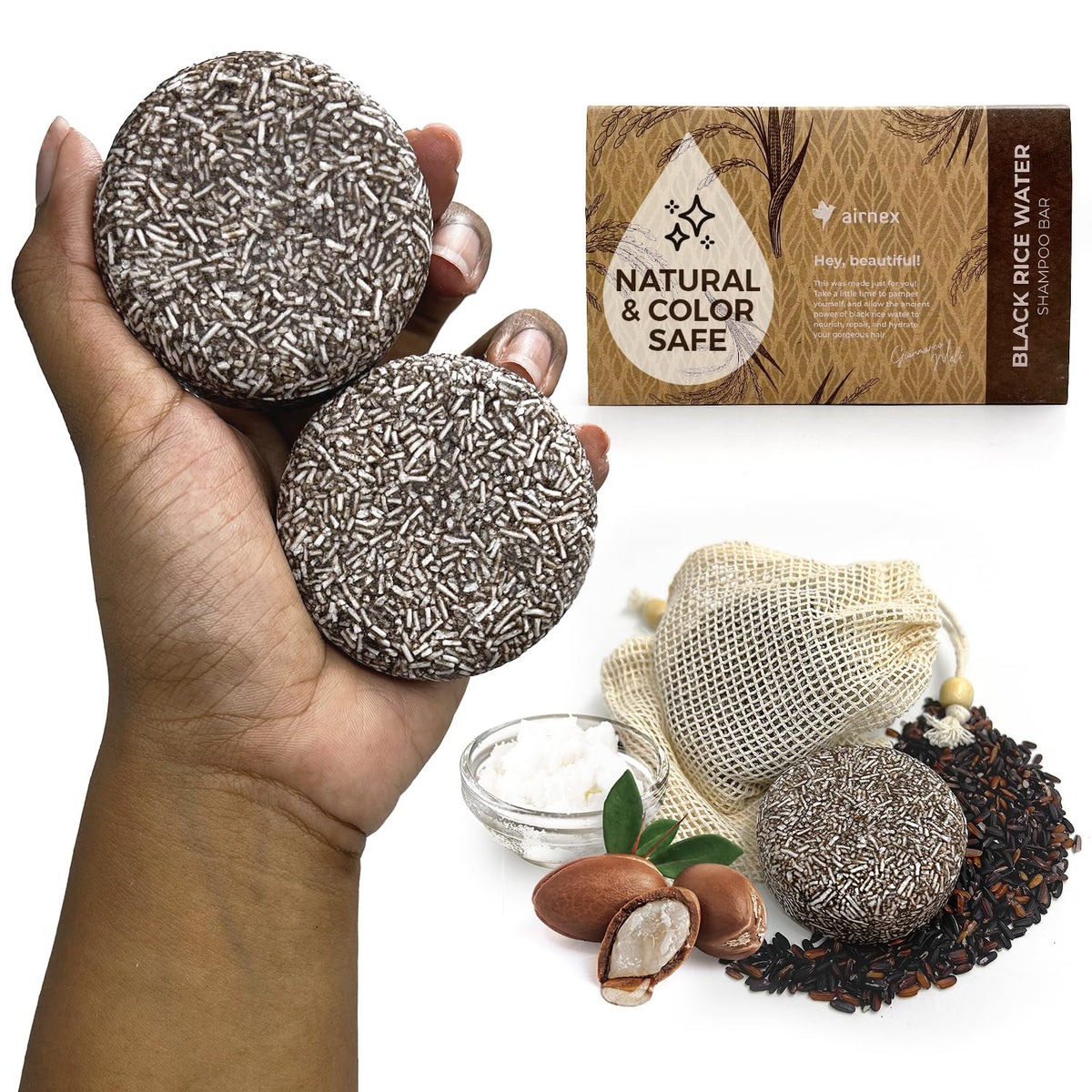 AIRNEX front packaging showing two shampoo bars and benefits