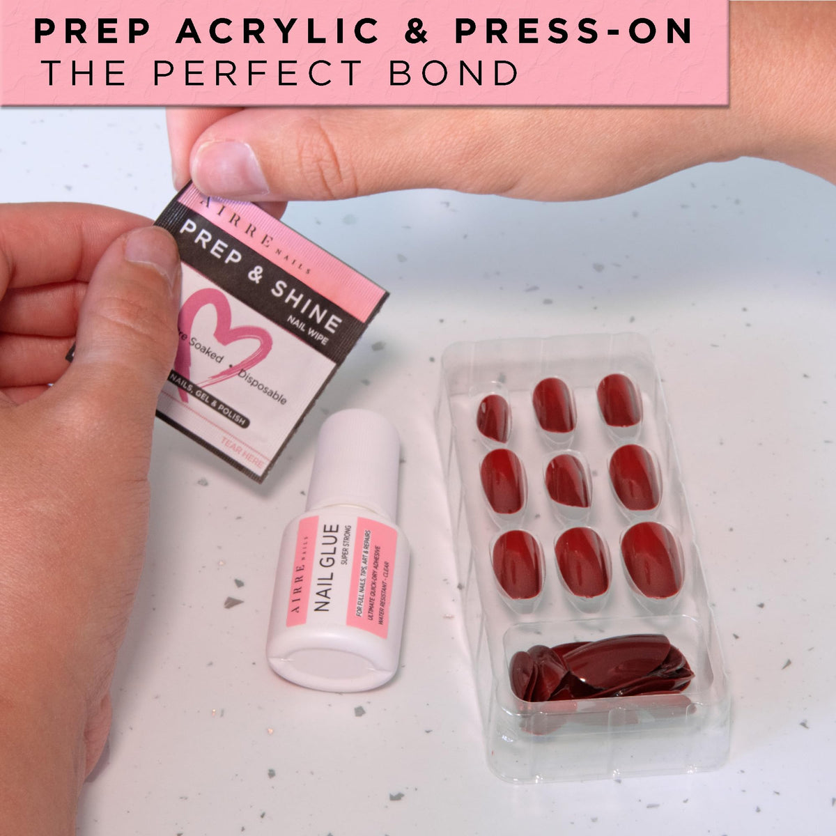 AIRRE NAILS pad beside a hand for scale to show compact, travel-friendly size