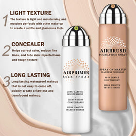 AIUEO included brush and puff displayed highlighting tools for seamless blending benefit