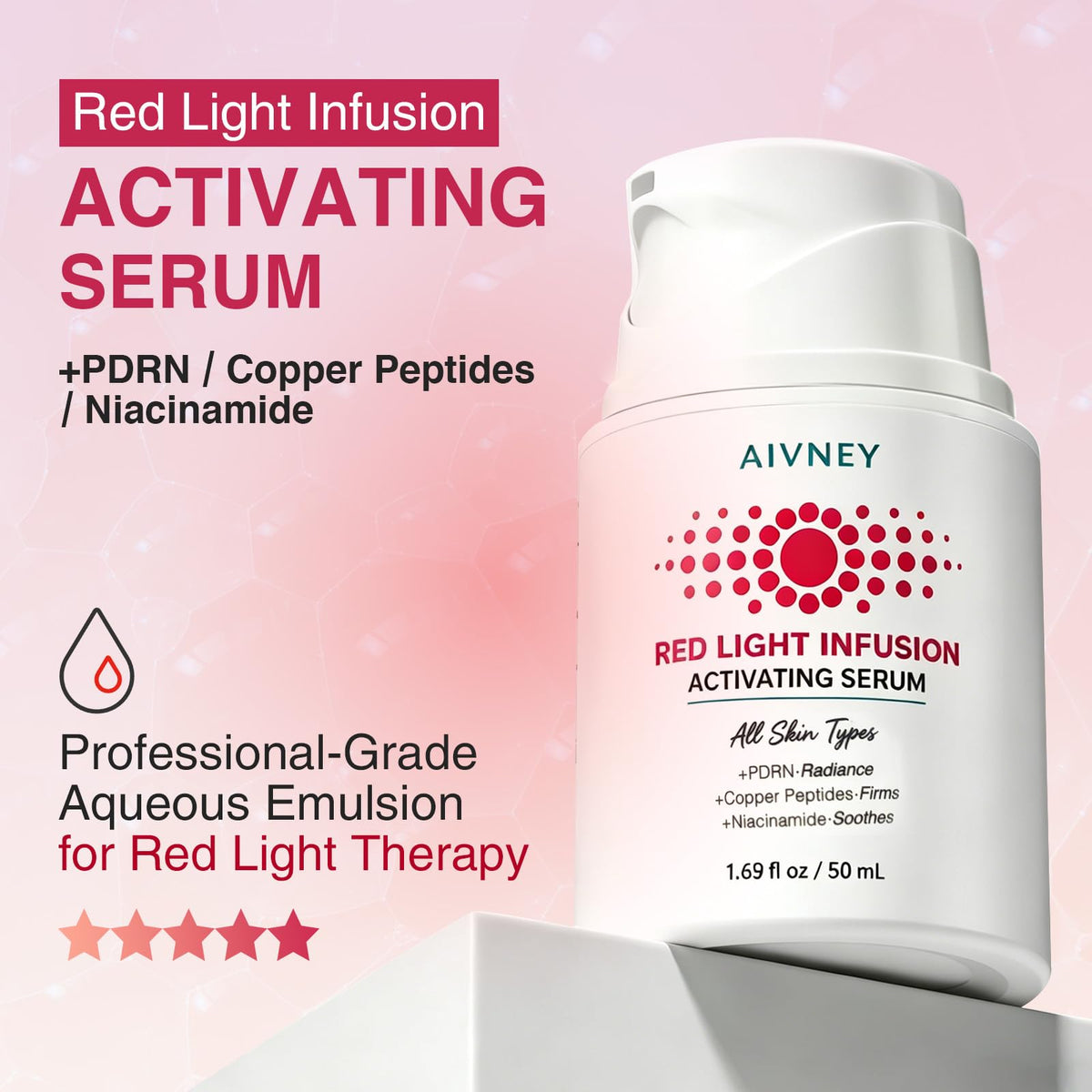 AIVNEY serum texture on fingertip demonstrating lightweight absorption benefit