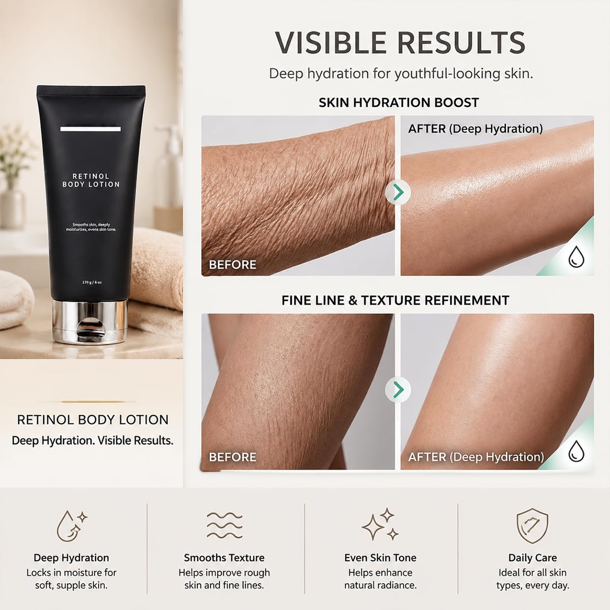 Aiwejay applying lotion to arm to illustrate improved texture benefit