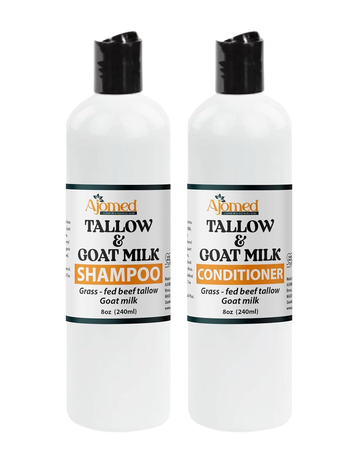 AJOMED COSMETICS front packaging of 8oz shampoo and conditioner set showing clean design and benefits