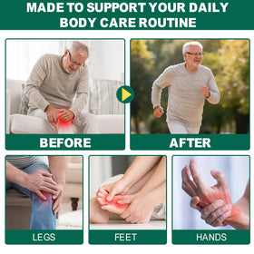 Akeeronn Miracle Balm being massaged into a leg illustrating relaxation and comfort benefit
