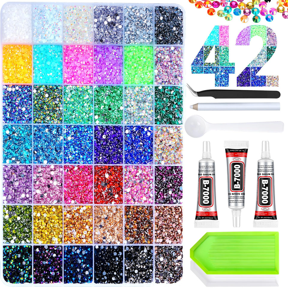 AkiliBIELY front packaging showing 42-color organized rhinestone kit for easy project starts